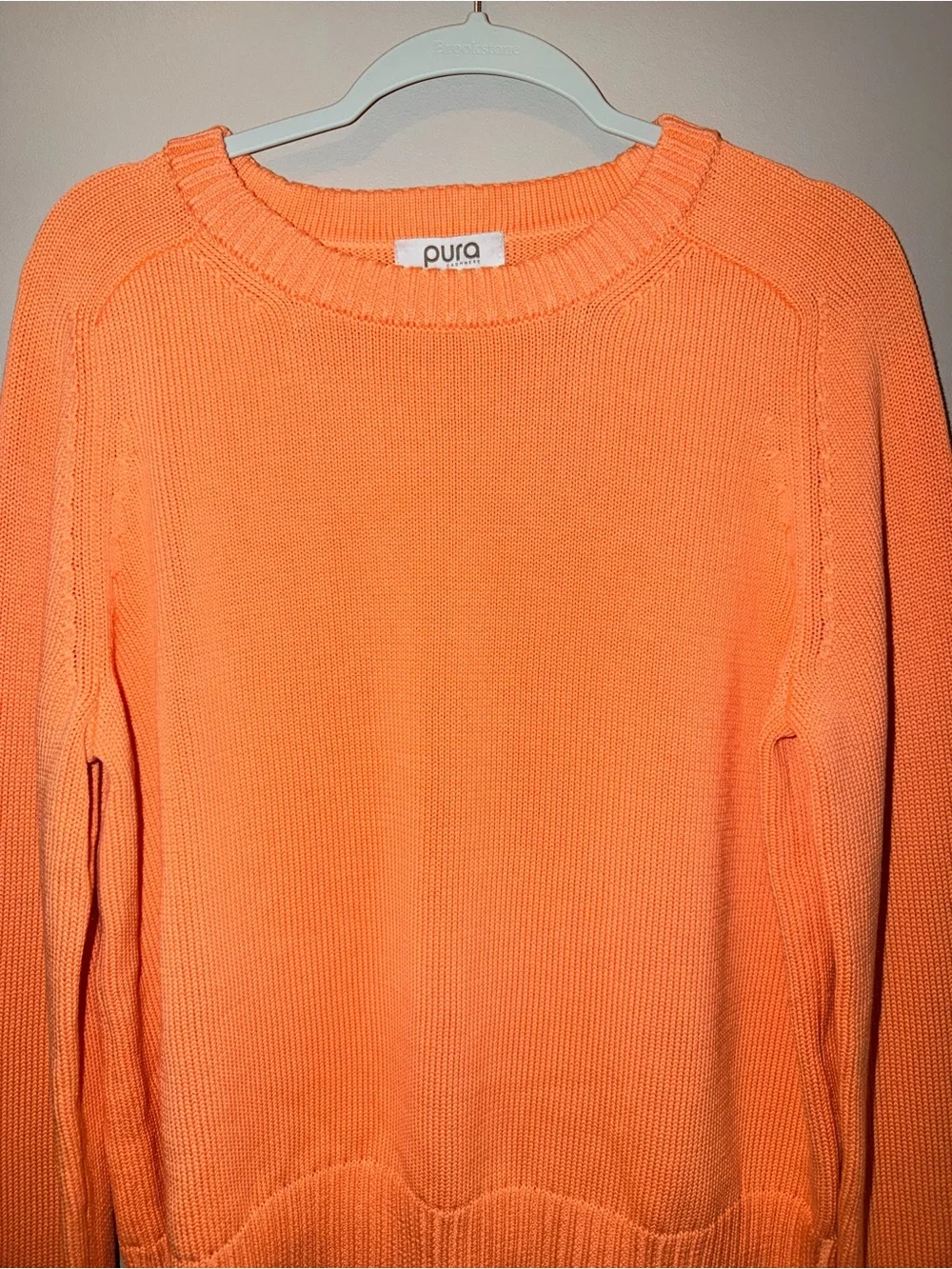 Pura Cashmere bright coral orange shaker knit crewneck sweater quiet luxury